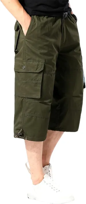 Men's Long Cargo Shorts Casual Twill Elastic Below Knee Capri Shorts Relaxed Fit 3/4 Capri Pants with Multi Pockets