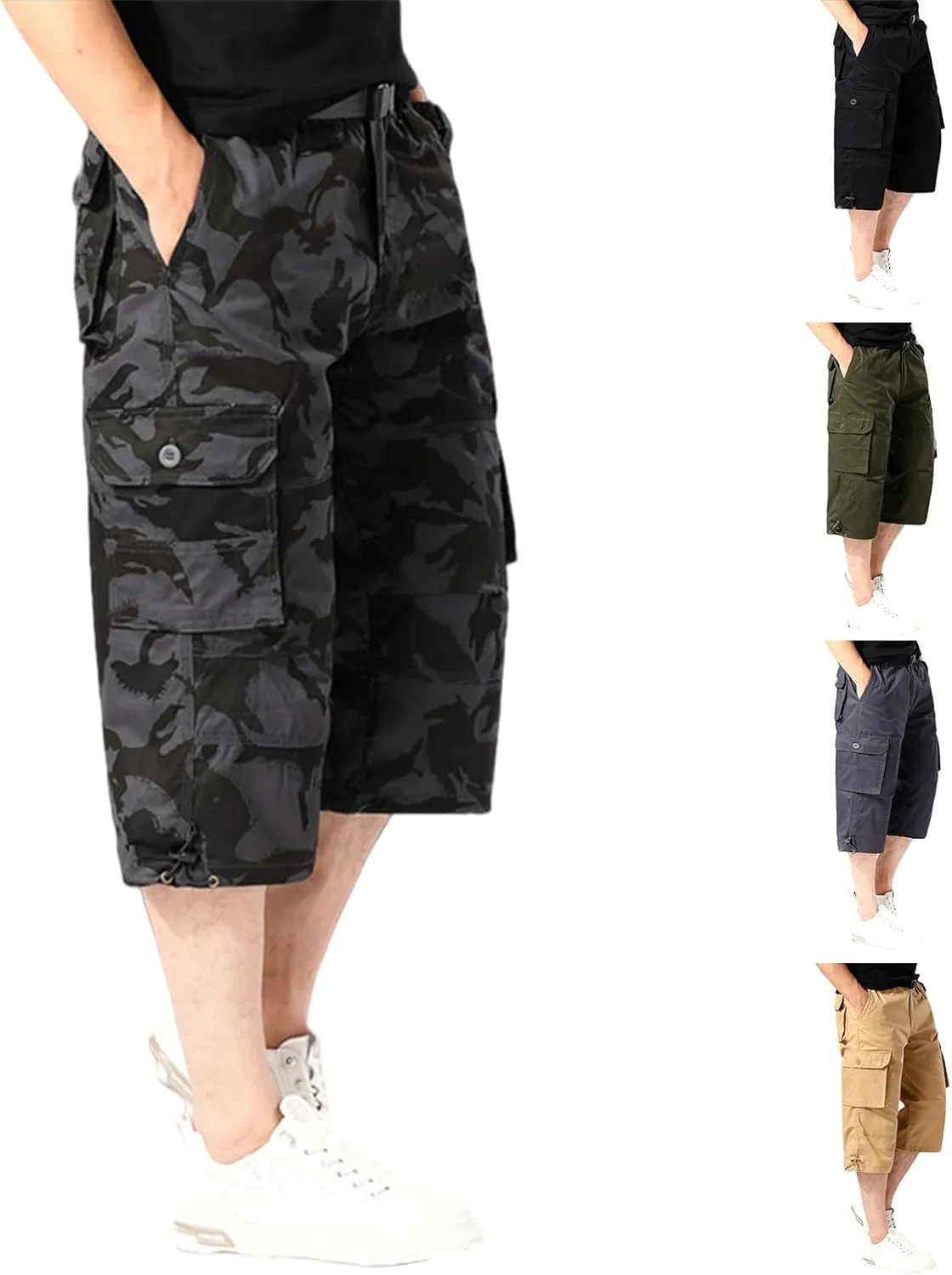 Men's Long Cargo Shorts Casual Twill Elastic Below Knee Capri Shorts Relaxed Fit 3/4 Capri Pants with Multi Pockets