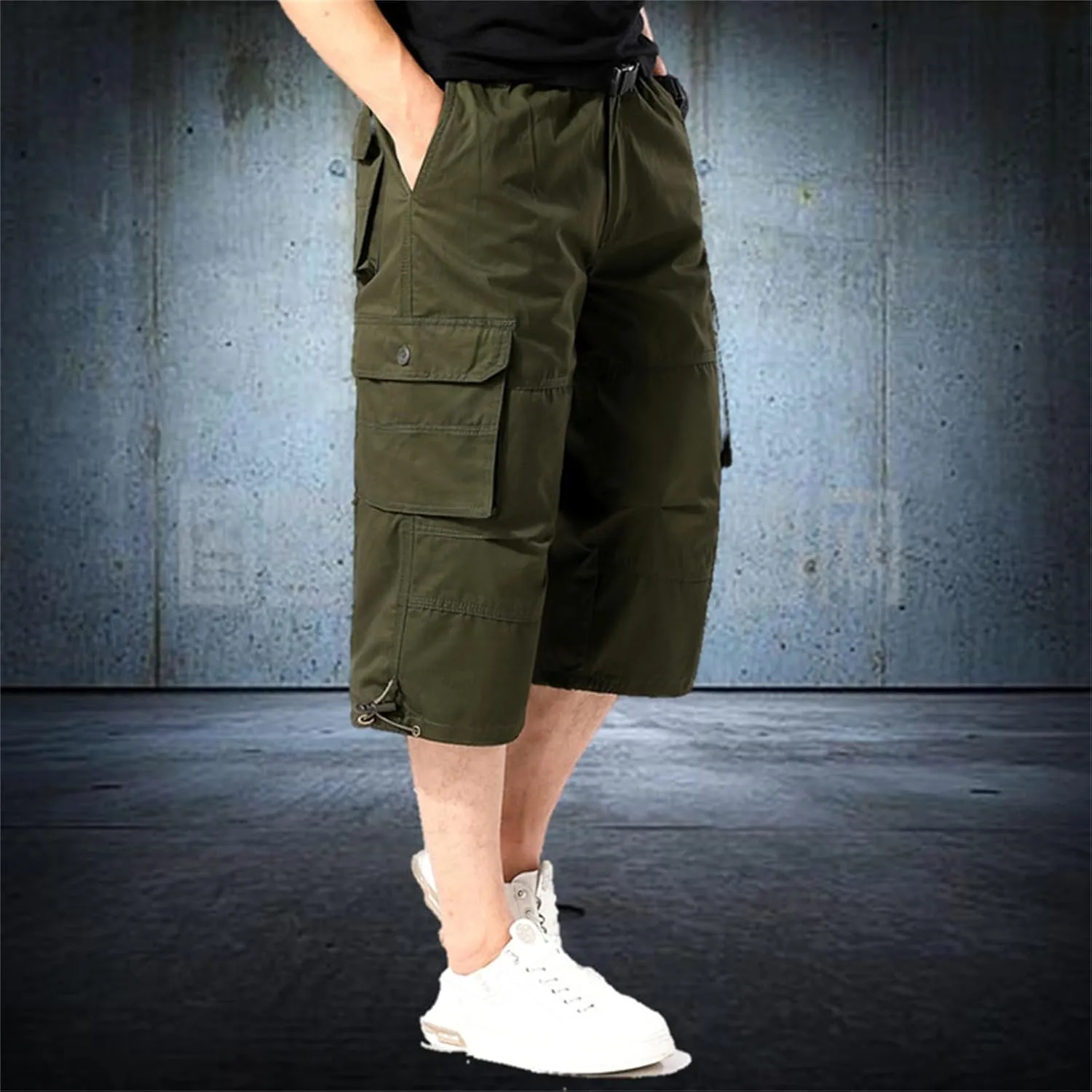 Men's Long Cargo Shorts Casual Twill Elastic Below Knee Capri Shorts Relaxed Fit 3/4 Capri Pants with Multi Pockets