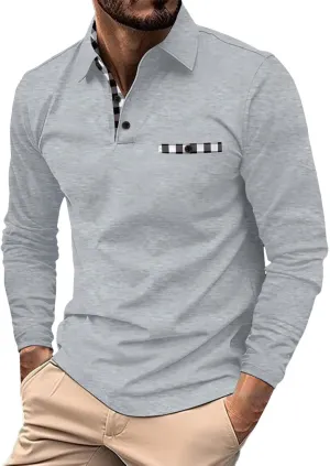 Men's Long Sleeve Polo Shirt Casual Muscle Fit Button Polo T Shirt with Pocket Basic Lightweight Collared Golf Shirt