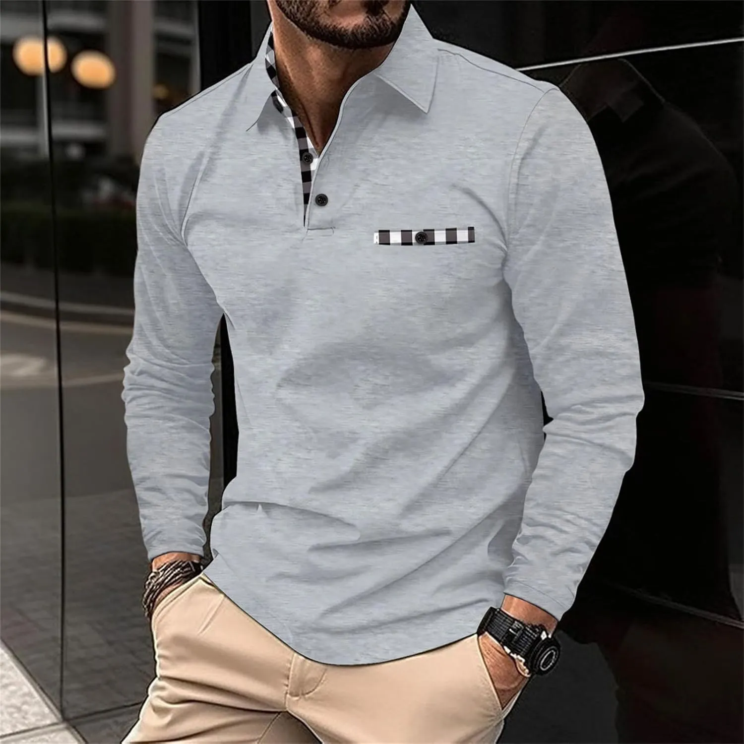 Men's Long Sleeve Polo Shirt Casual Muscle Fit Button Polo T Shirt with Pocket Basic Lightweight Collared Golf Shirt