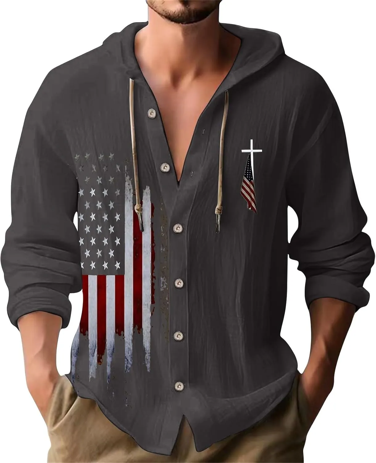 Mens Loose Fit Button Hoodie Shirt Midweight Collar Drawstring Pullover Sweatshirts Summer Casual Long Sleeve Cotton Tops
