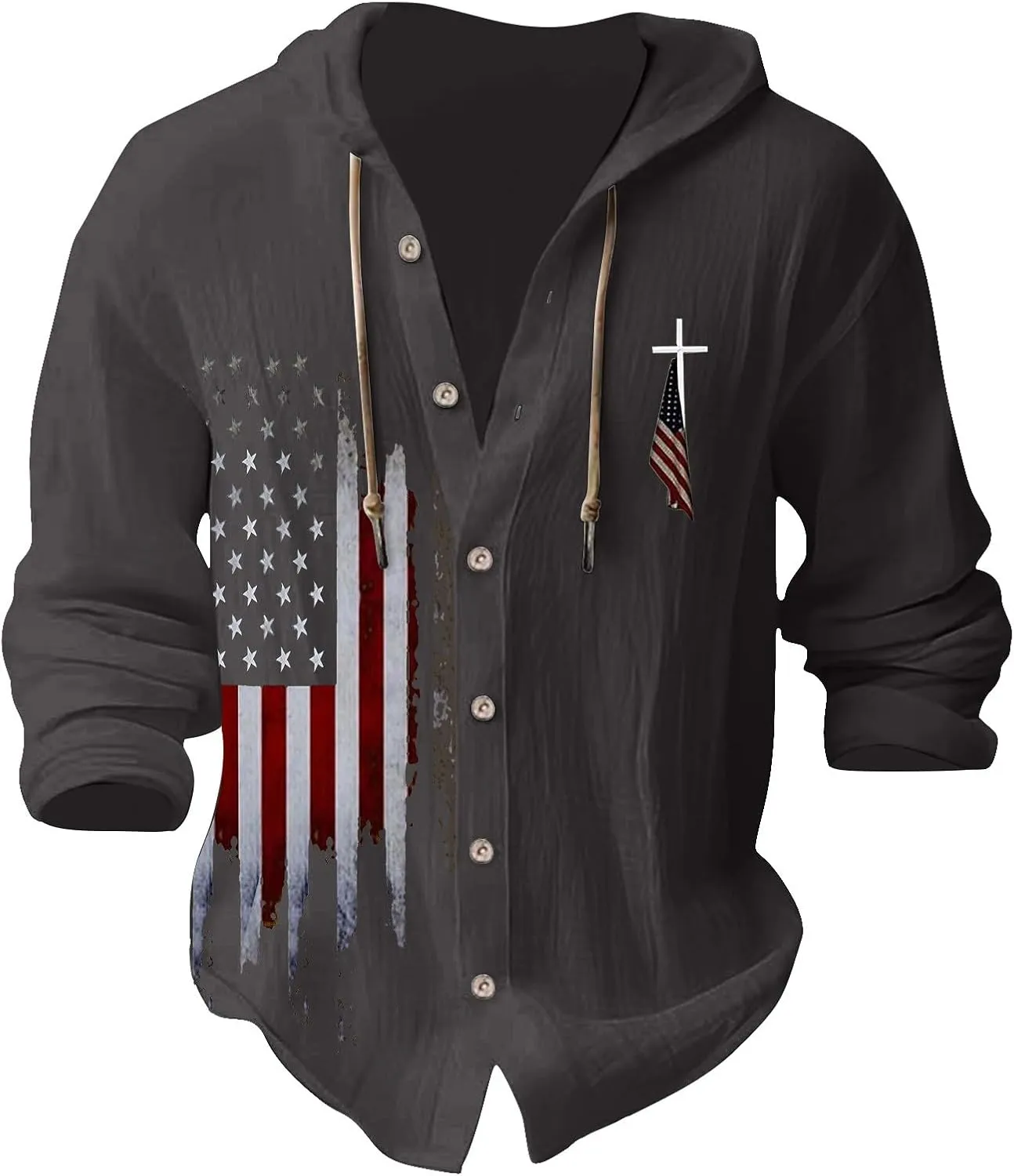 Mens Loose Fit Button Hoodie Shirt Midweight Collar Drawstring Pullover Sweatshirts Summer Casual Long Sleeve Cotton Tops