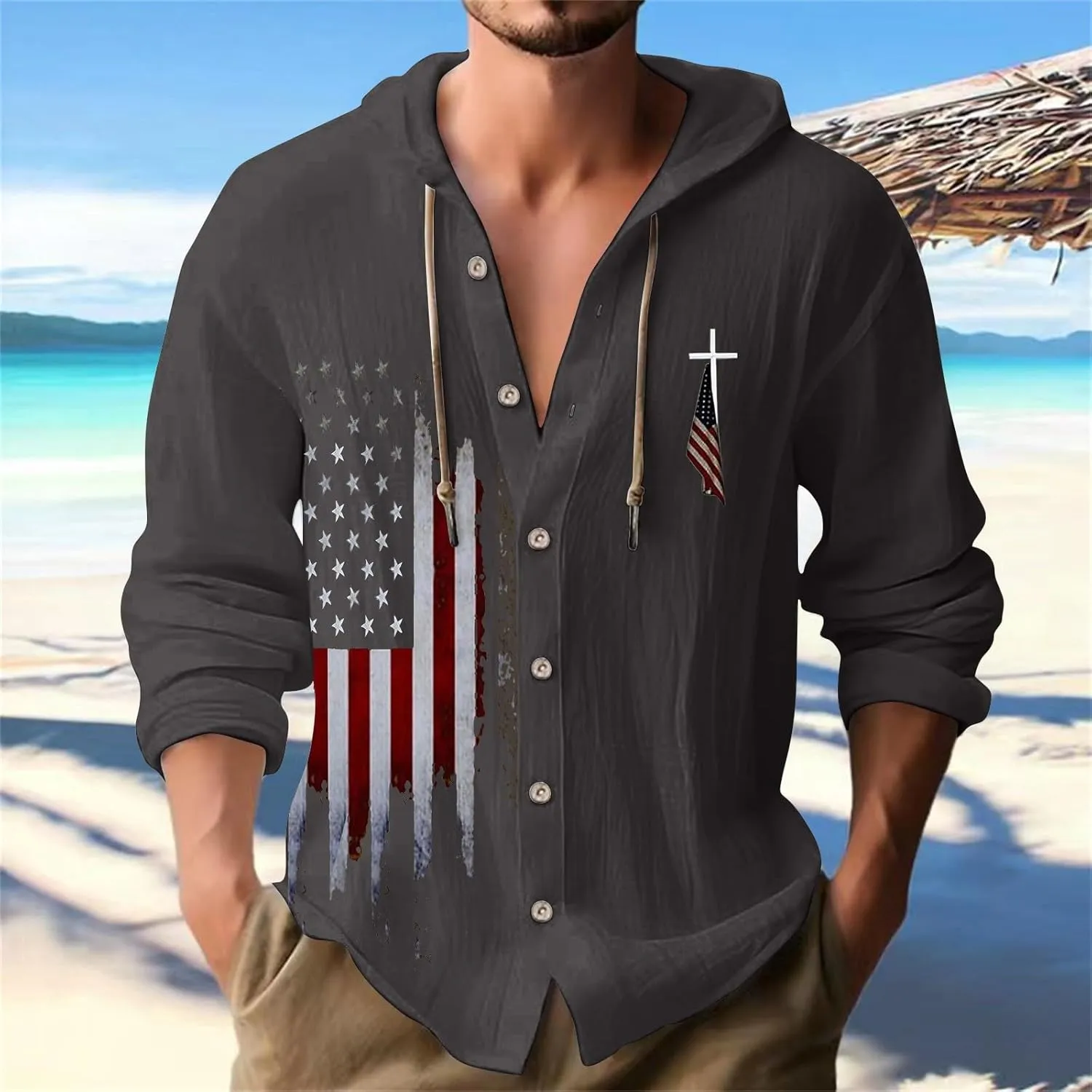 Mens Loose Fit Button Hoodie Shirt Midweight Collar Drawstring Pullover Sweatshirts Summer Casual Long Sleeve Cotton Tops