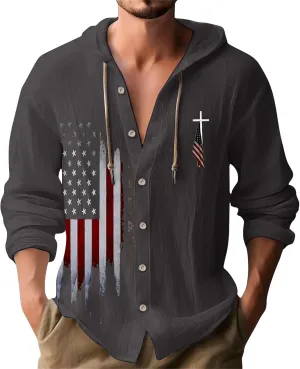 Mens Loose Fit Button Hoodie Shirt Midweight Collar Drawstring Pullover Sweatshirts Summer Casual Long Sleeve Cotton Tops