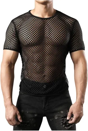 Men's Mesh Fishnet Top Fitted Beach Muscle Tee Shirts Sheer See Through Gym Workout T-Shirt Net Undershirt Clubwear