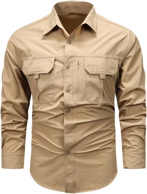 Mens Military Shirts Lightweight Tactical Work Shirt Cotton Button Cargo Shirt Loose Fit Outdoor Hiking Fishing Shirt