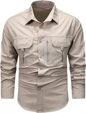 Mens Military Shirts Lightweight Tactical Work Shirt Cotton Button Cargo Shirt Loose Fit Outdoor Hiking Fishing Shirt
