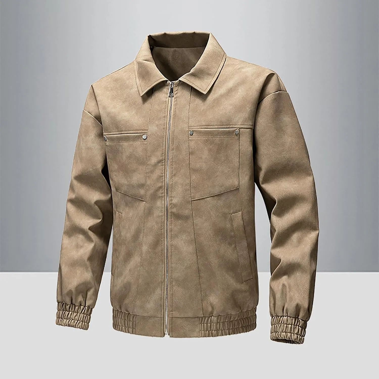Men's PU Leather Classic Zip Up Jacket Motorcycle Vintage Racing Varsity Jacket Vintage Trucker Coat with 4 Pockets