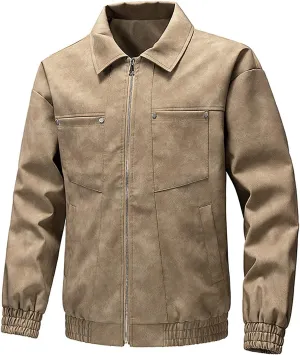 Men's PU Leather Classic Zip Up Jacket Motorcycle Vintage Racing Varsity Jacket Vintage Trucker Coat with 4 Pockets