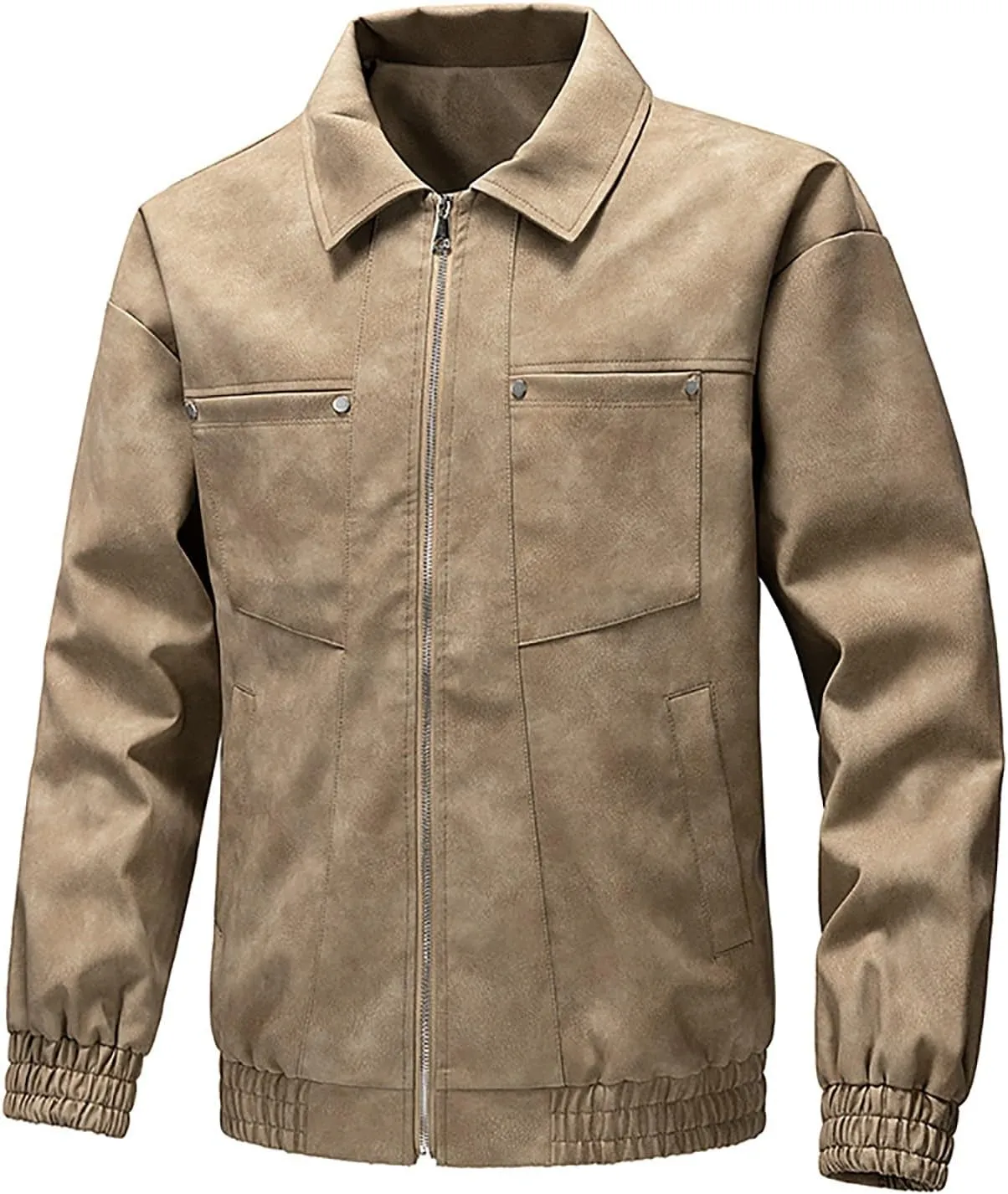 Men's PU Leather Classic Zip Up Jacket Motorcycle Vintage Racing Varsity Jacket Vintage Trucker Coat with 4 Pockets