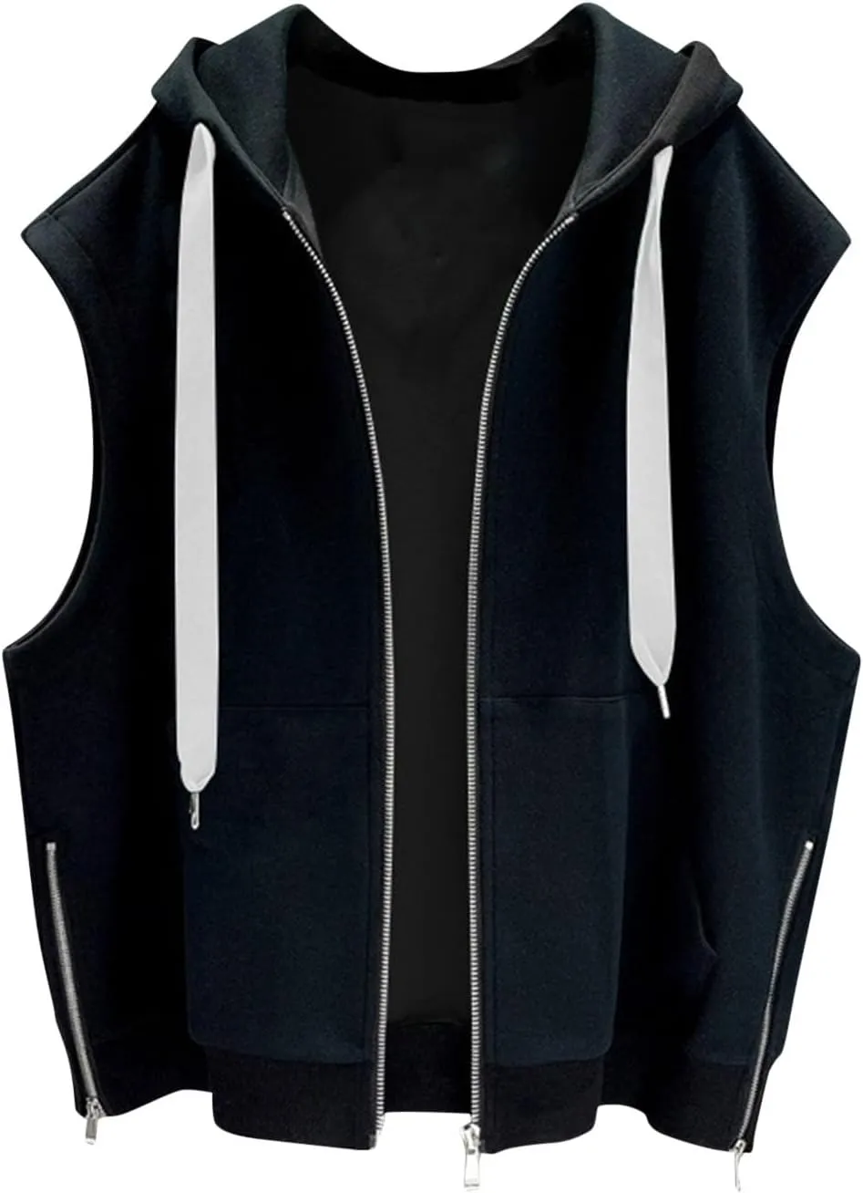 Mens Sleeveless Hooded Tank Tops Summer Casual Full Zipper Hoodie Vest Pockets Slim Fit Lightweight Workout Shirts Streetwear