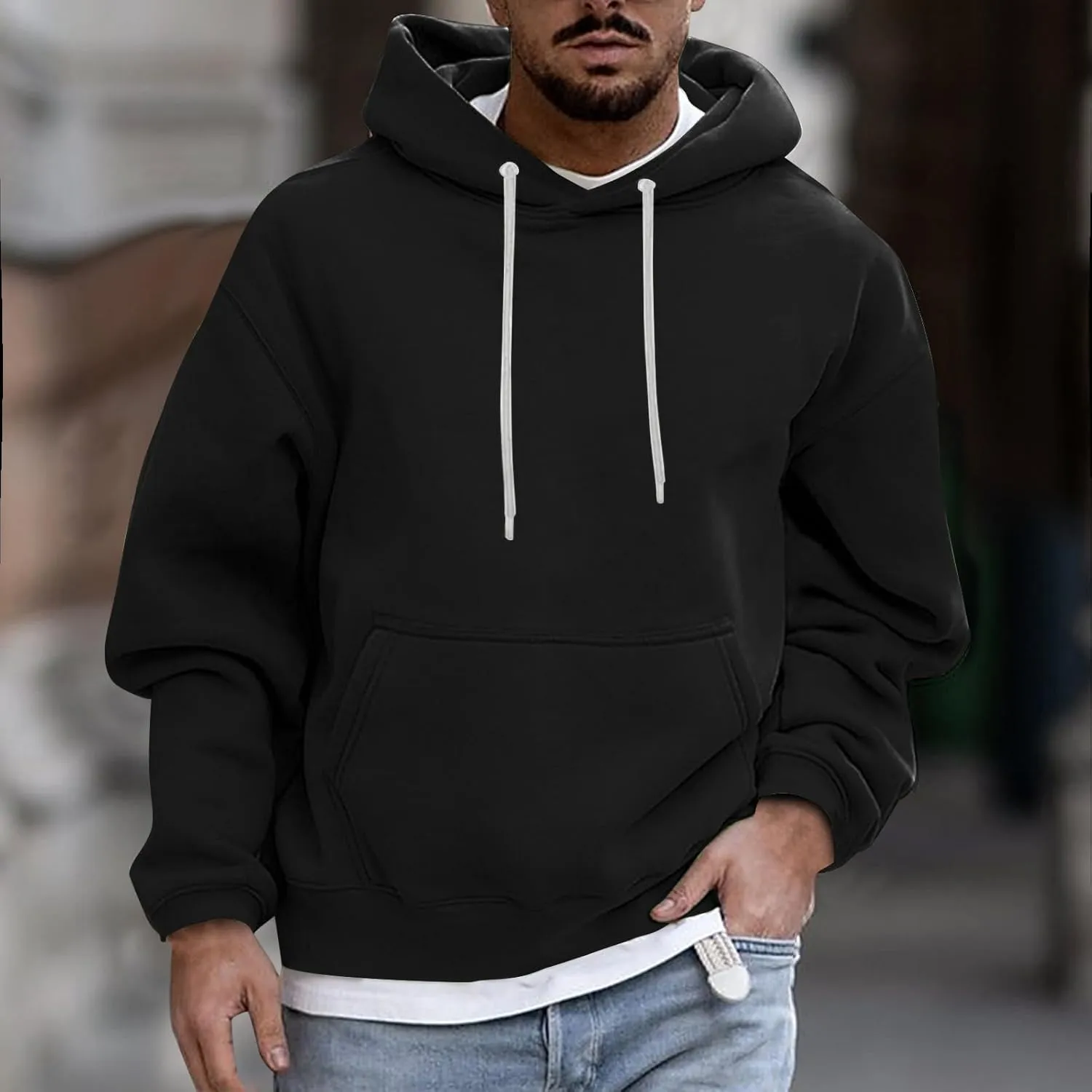 Men's Solid Color Plush Warm Hoodies Fleece Casual Pullover Pocket Autumn Winter Sweatshirt Coat
