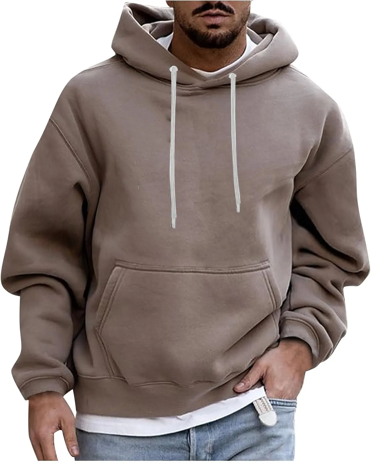Men's Solid Color Plush Warm Hoodies Fleece Casual Pullover Pocket Autumn Winter Sweatshirt Coat