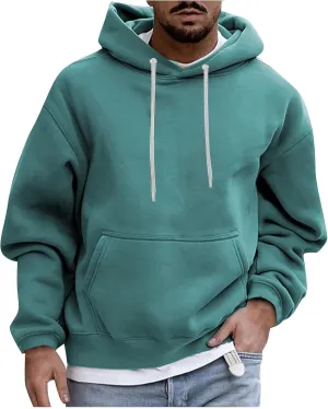 Men's Solid Color Plush Warm Hoodies Fleece Casual Pullover Pocket Autumn Winter Sweatshirt Coat