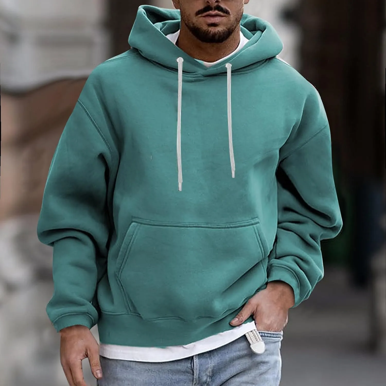 Men's Solid Color Plush Warm Hoodies Fleece Casual Pullover Pocket Autumn Winter Sweatshirt Coat