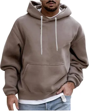 Men's Solid Color Plush Warm Hoodies Fleece Casual Pullover Pocket Autumn Winter Sweatshirt Coat
