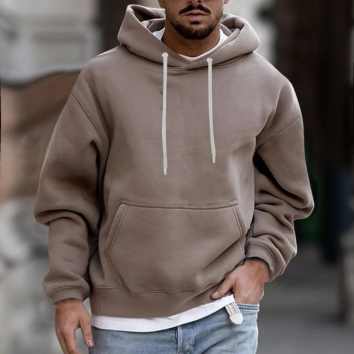 Men's Solid Color Plush Warm Hoodies Fleece Casual Pullover Pocket Autumn Winter Sweatshirt Coat