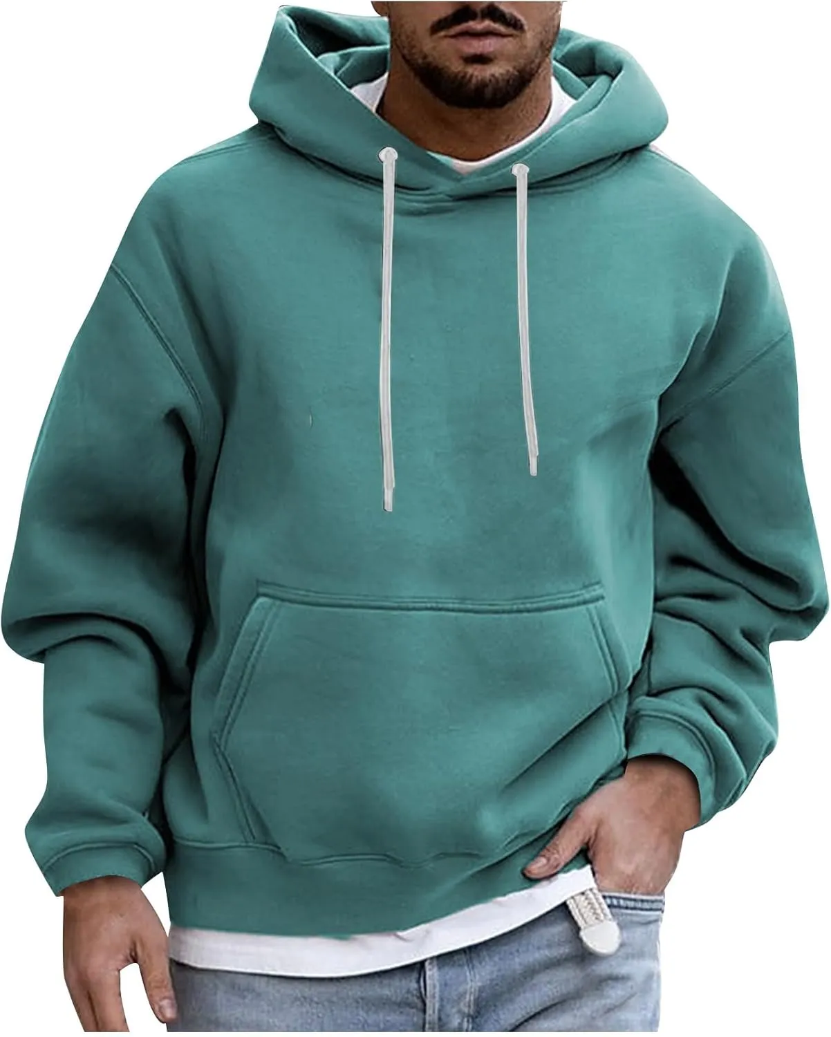 Men's Solid Color Plush Warm Hoodies Fleece Casual Pullover Pocket Autumn Winter Sweatshirt Coat
