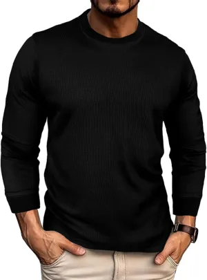 Men's Waffle Long Sleeve Shirts Crewneck Casual Pullover Shirt Workout Base Tee Shirts