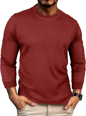 Men's Waffle Long Sleeve Shirts Crewneck Casual Pullover Shirt Workout Base Tee Shirts