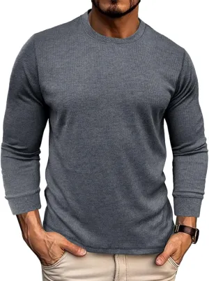 Men's Waffle Long Sleeve Shirts Crewneck Casual Pullover Shirt Workout Base Tee Shirts