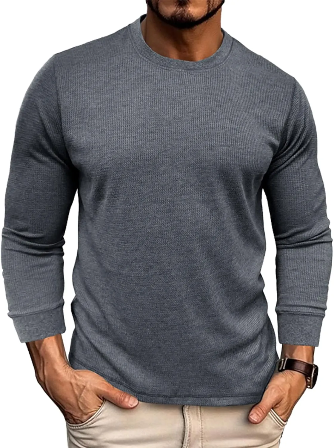 Men's Waffle Long Sleeve Shirts Crewneck Casual Pullover Shirt Workout Base Tee Shirts