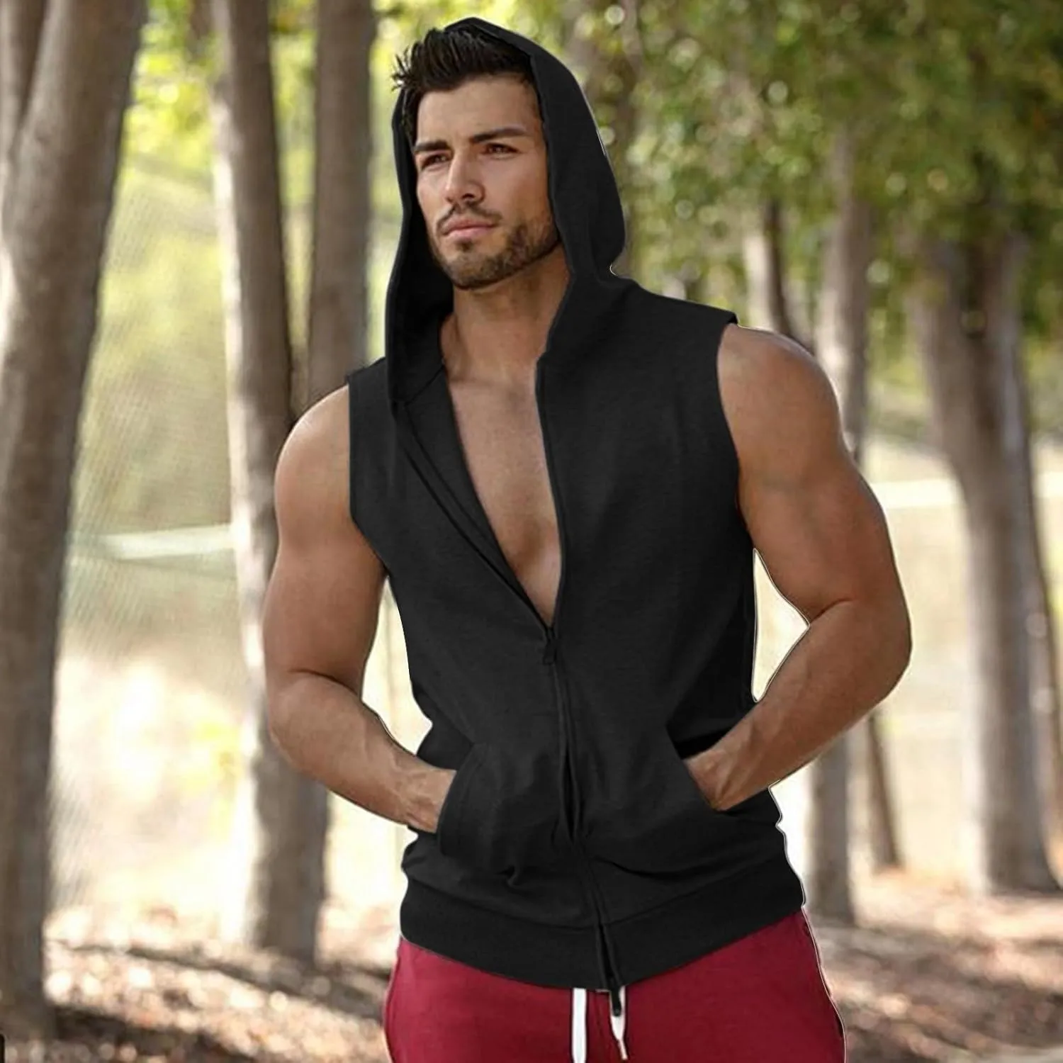 Mens Workout Hooded Tank Tops Casual Sleeveless Zip Up Gym Hoodies Quick Dry Bodybuilding Muscle Cut Off T Shirt
