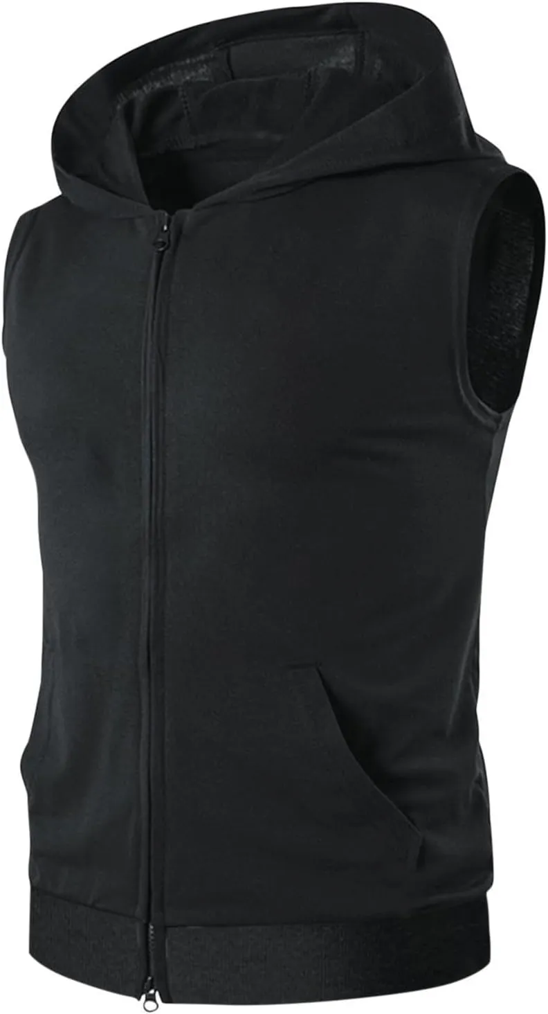 Mens Workout Hooded Tank Tops Casual Sleeveless Zip Up Gym Hoodies Quick Dry Bodybuilding Muscle Cut Off T Shirt