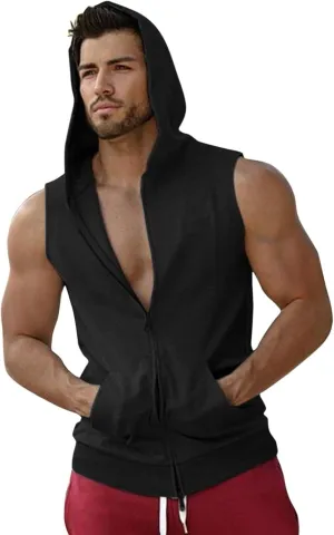 Mens Workout Hooded Tank Tops Casual Sleeveless Zip Up Gym Hoodies Quick Dry Bodybuilding Muscle Cut Off T Shirt