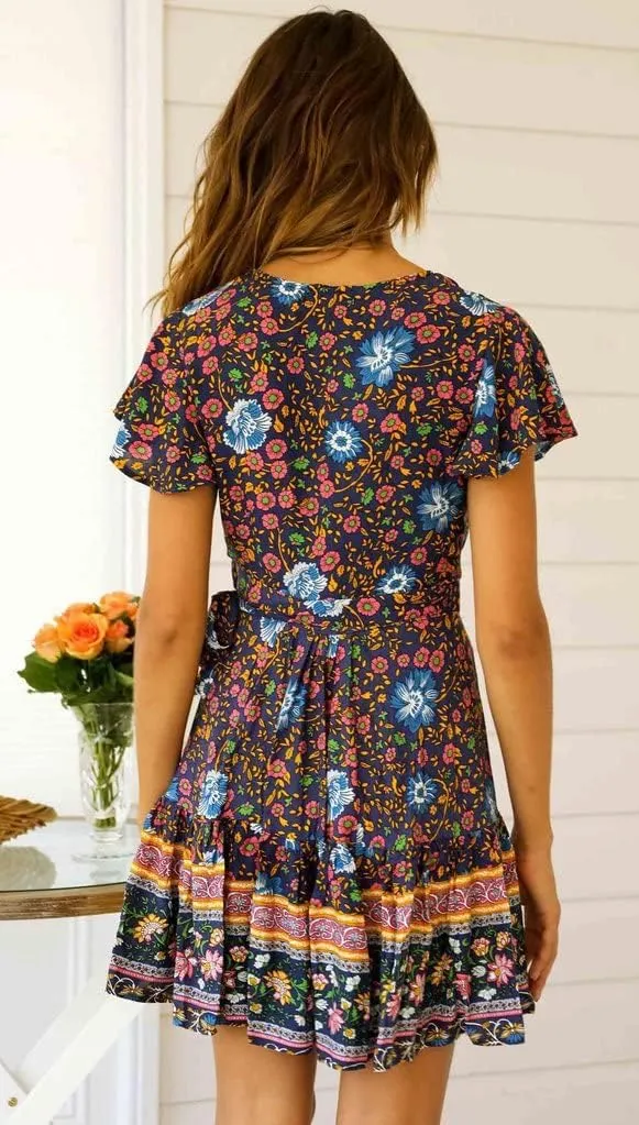 Mmoneyake Women Boho Mini Dress Short Sleeve Casual Dresses Floral Print Ruffle Dress V Neck Wrap Belted A Line Beach Dress