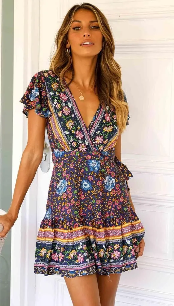 Mmoneyake Women Boho Mini Dress Short Sleeve Casual Dresses Floral Print Ruffle Dress V Neck Wrap Belted A Line Beach Dress