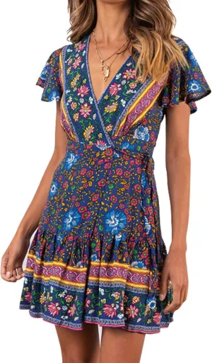 Mmoneyake Women Boho Mini Dress Short Sleeve Casual Dresses Floral Print Ruffle Dress V Neck Wrap Belted A Line Beach Dress