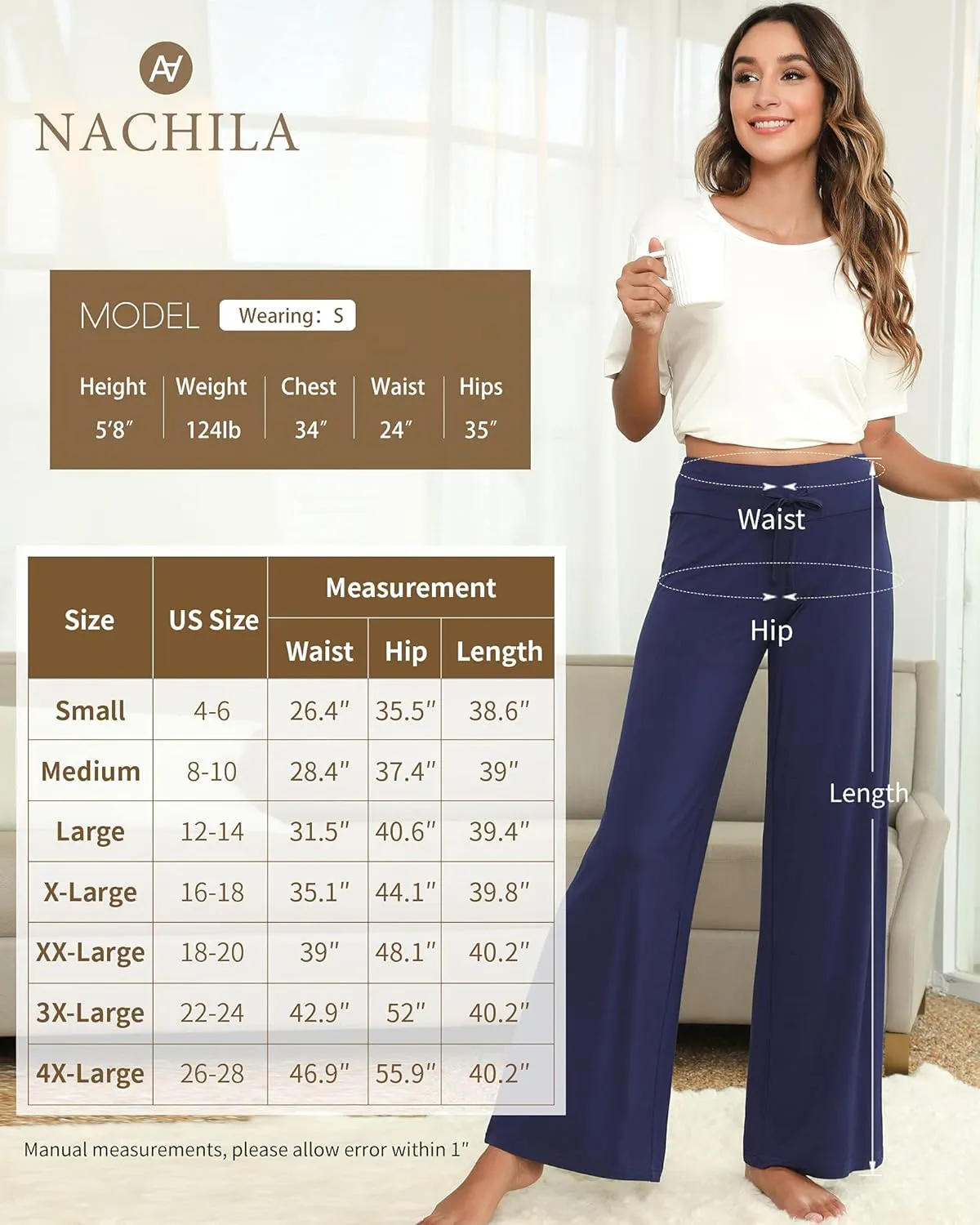 NACHILA Women's Pajama Bottoms,Viscose Made from Bamboo- Wide Leg Lounge Pants Cool Yoga Pants Soft Sweatpants