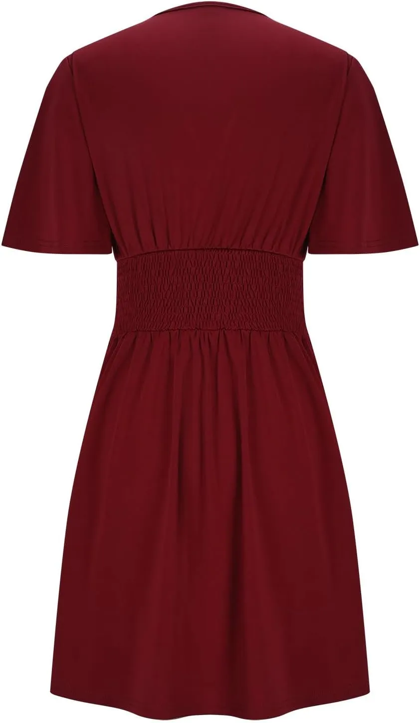 NaRHbrg Women's Deep V Neck Dress Short Sleeve Flowy A-Line Summer Mini Dresses Elegant Wrap Sundress for Casual Party
