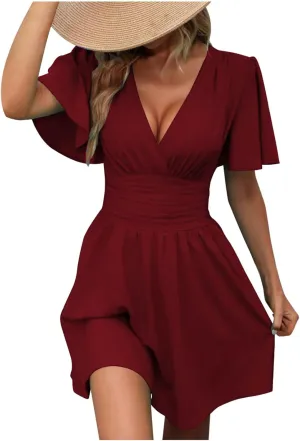 NaRHbrg Women's Deep V Neck Dress Short Sleeve Flowy A-Line Summer Mini Dresses Elegant Wrap Sundress for Casual Party