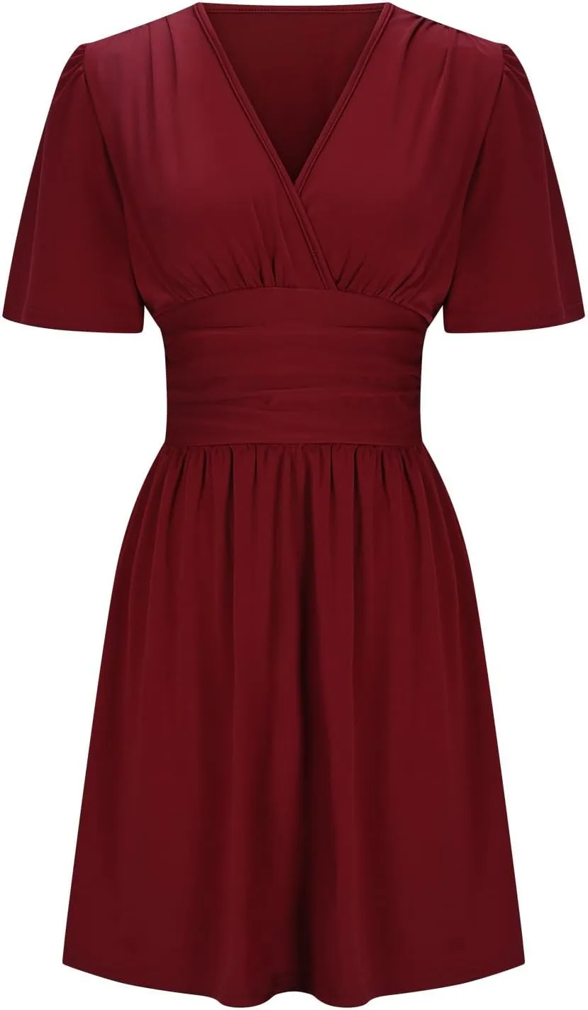 NaRHbrg Women's Deep V Neck Dress Short Sleeve Flowy A-Line Summer Mini Dresses Elegant Wrap Sundress for Casual Party