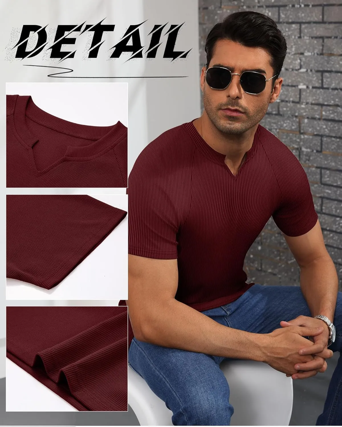 Neer 3 Pack Men's Short Sleeve T-Shirts V Neck Ribbed Slim Fit Longline Henley Muscle Tops Raglan Sleeve Casual Basic Tee