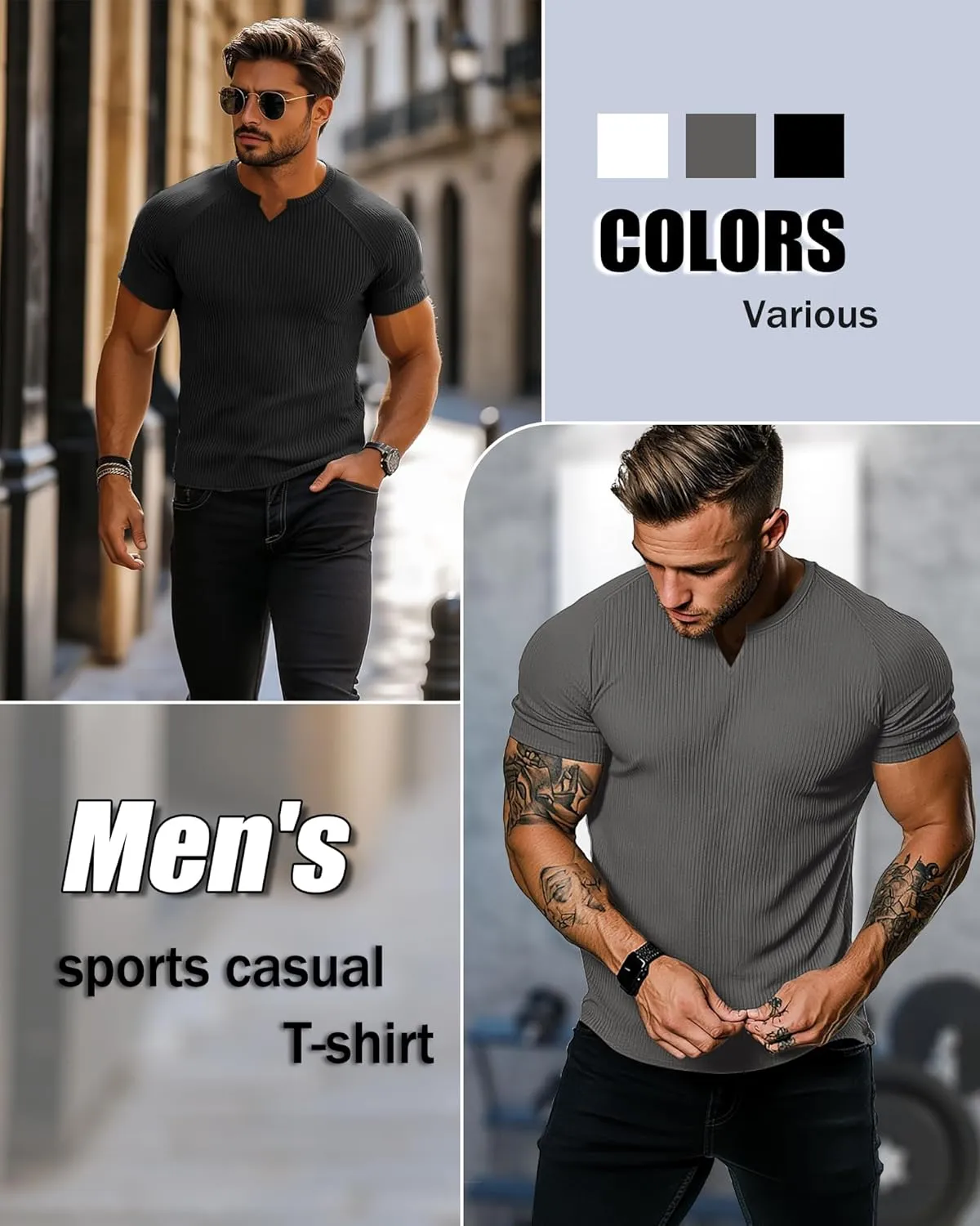 Neer 3 Pack Men's Short Sleeve T-Shirts V Neck Ribbed Slim Fit Longline Henley Muscle Tops Raglan Sleeve Casual Basic Tee