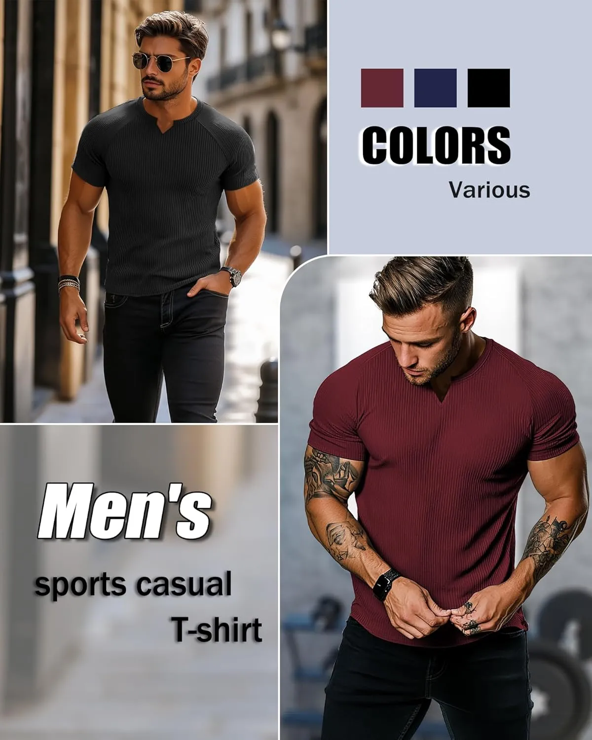 Neer 3 Pack Men's Short Sleeve T-Shirts V Neck Ribbed Slim Fit Longline Henley Muscle Tops Raglan Sleeve Casual Basic Tee