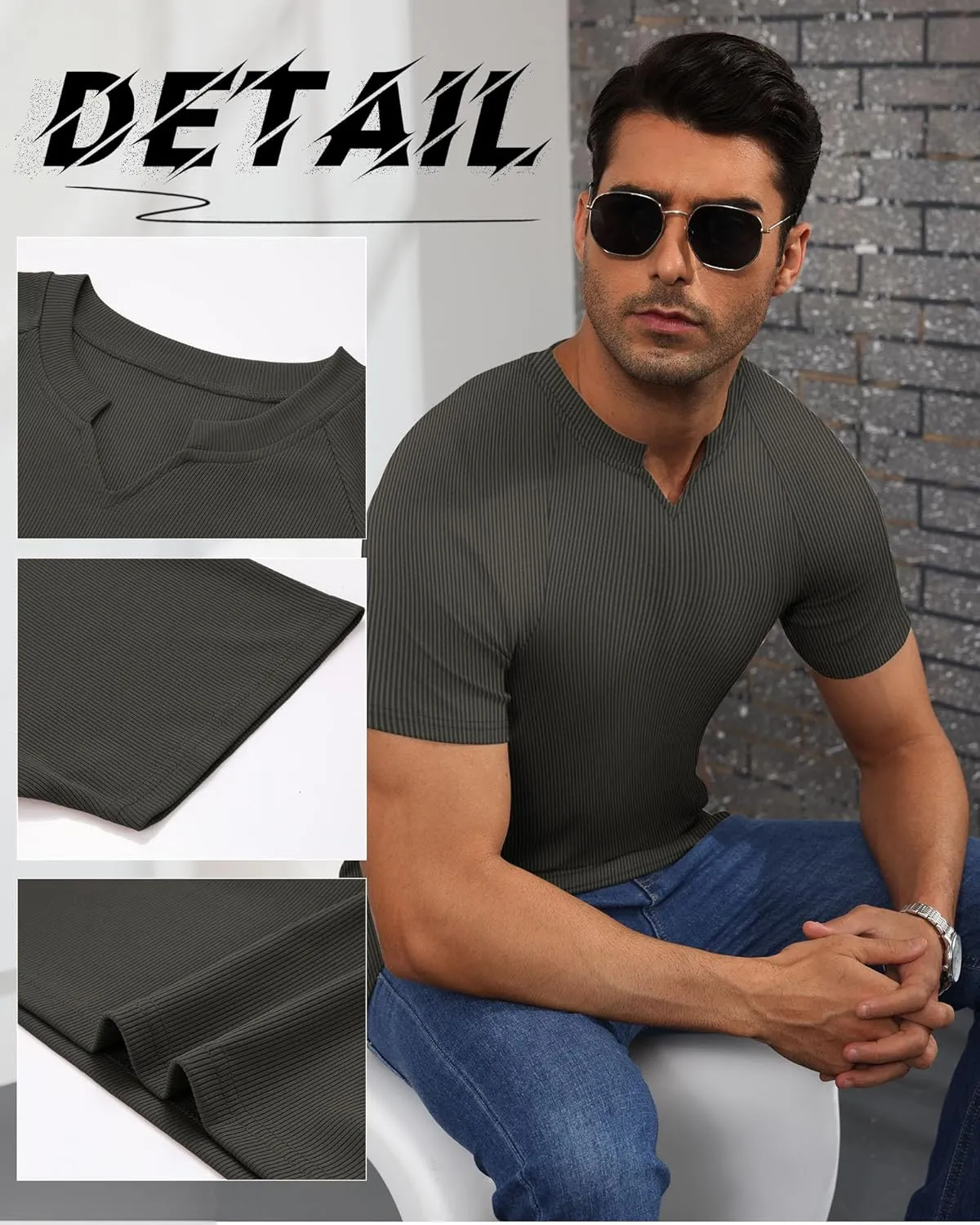 Neer 3 Pack Men's Short Sleeve T-Shirts V Neck Ribbed Slim Fit Longline Henley Muscle Tops Raglan Sleeve Casual Basic Tee
