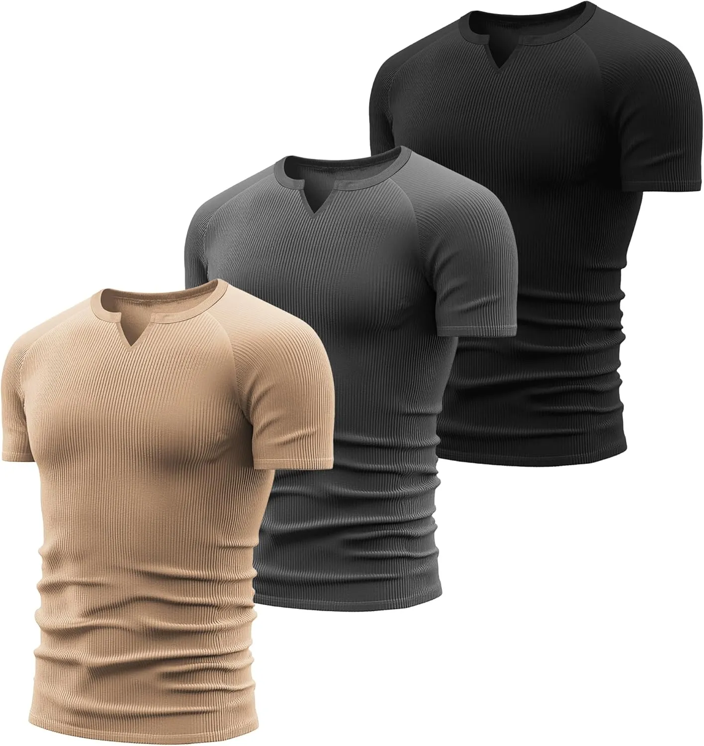 Neer 3 Pack Men's Short Sleeve T-Shirts V Neck Ribbed Slim Fit Longline Henley Muscle Tops Raglan Sleeve Casual Basic Tee
