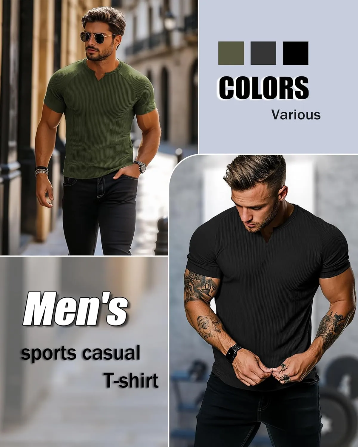 Neer 3 Pack Men's Short Sleeve T-Shirts V Neck Ribbed Slim Fit Longline Henley Muscle Tops Raglan Sleeve Casual Basic Tee