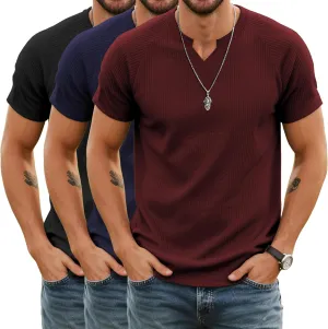 Neer 3 Pack Men's Short Sleeve T-Shirts V Neck Ribbed Slim Fit Longline Henley Muscle Tops Raglan Sleeve Casual Basic Tee