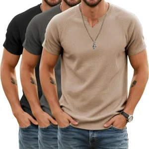 Neer 3 Pack Men's Short Sleeve T-Shirts V Neck Ribbed Slim Fit Longline Henley Muscle Tops Raglan Sleeve Casual Basic Tee
