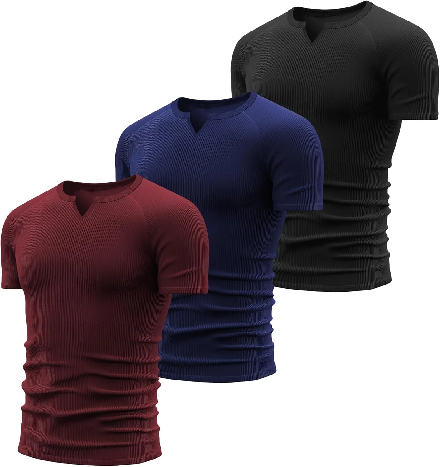 Neer 3 Pack Men's Short Sleeve T-Shirts V Neck Ribbed Slim Fit Longline Henley Muscle Tops Raglan Sleeve Casual Basic Tee