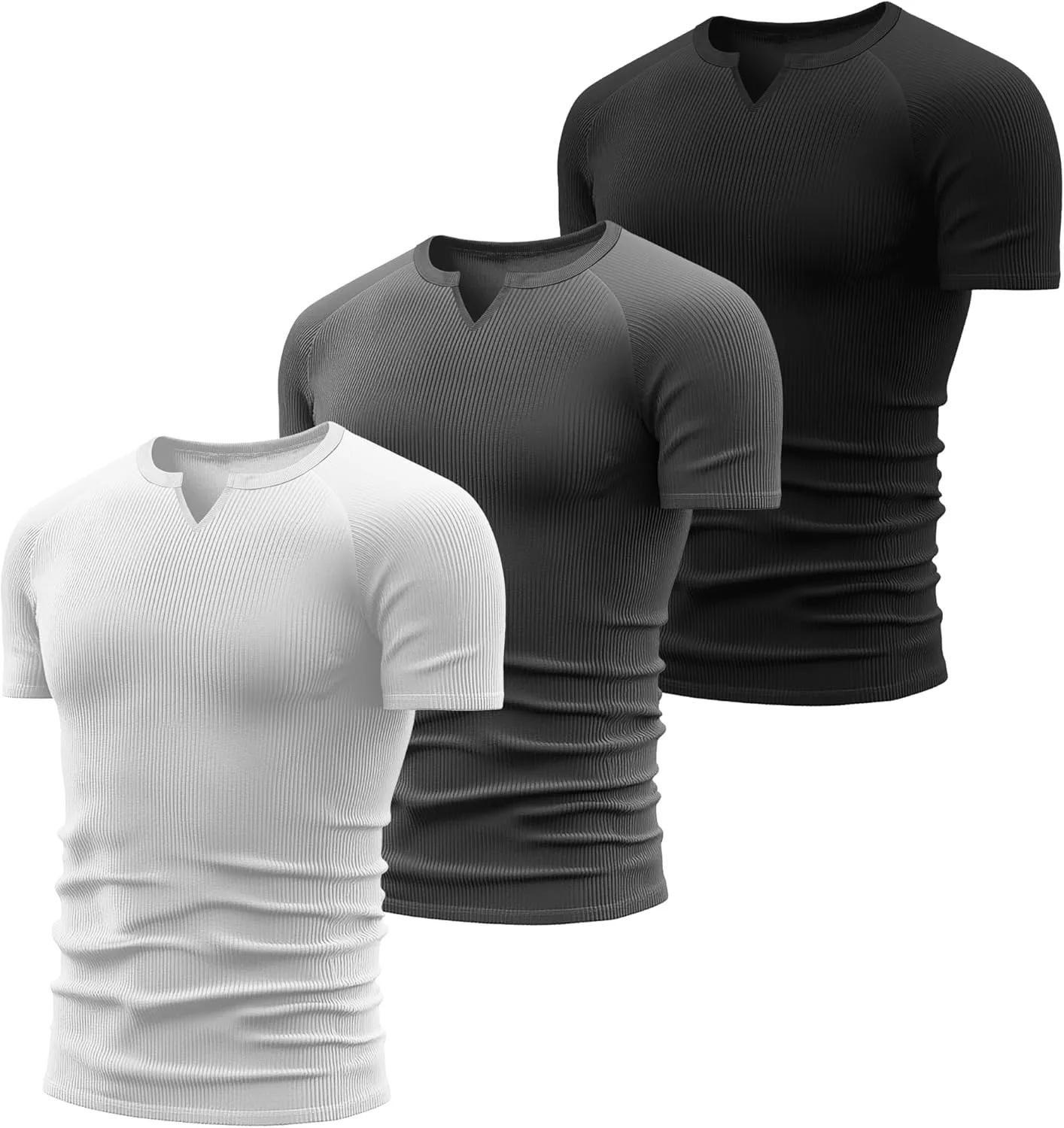 Neer 3 Pack Men's Short Sleeve T-Shirts V Neck Ribbed Slim Fit Longline Henley Muscle Tops Raglan Sleeve Casual Basic Tee