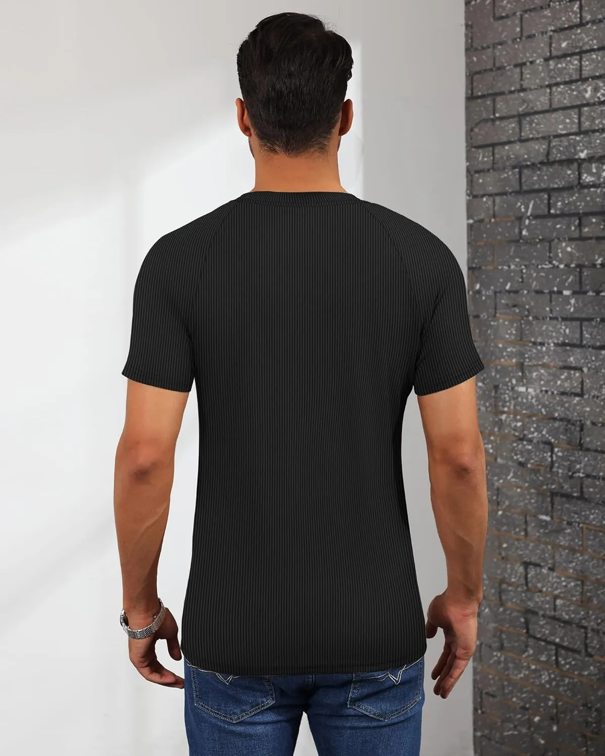 Neer 3 Pack Men's Short Sleeve T-Shirts V Neck Ribbed Slim Fit Longline Henley Muscle Tops Raglan Sleeve Casual Basic Tee