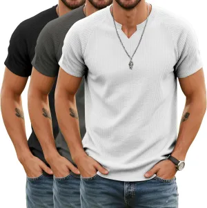 Neer 3 Pack Men's Short Sleeve T-Shirts V Neck Ribbed Slim Fit Longline Henley Muscle Tops Raglan Sleeve Casual Basic Tee