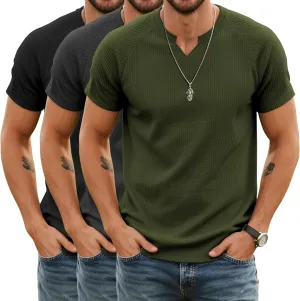 Neer 3 Pack Men's Short Sleeve T-Shirts V Neck Ribbed Slim Fit Longline Henley Muscle Tops Raglan Sleeve Casual Basic Tee